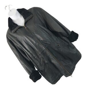 WILSONS LEATHER! BLACK FAUX FUR TRIMMED HEAVY GENUINE LEATHER JACKET COAT! SZ 2X